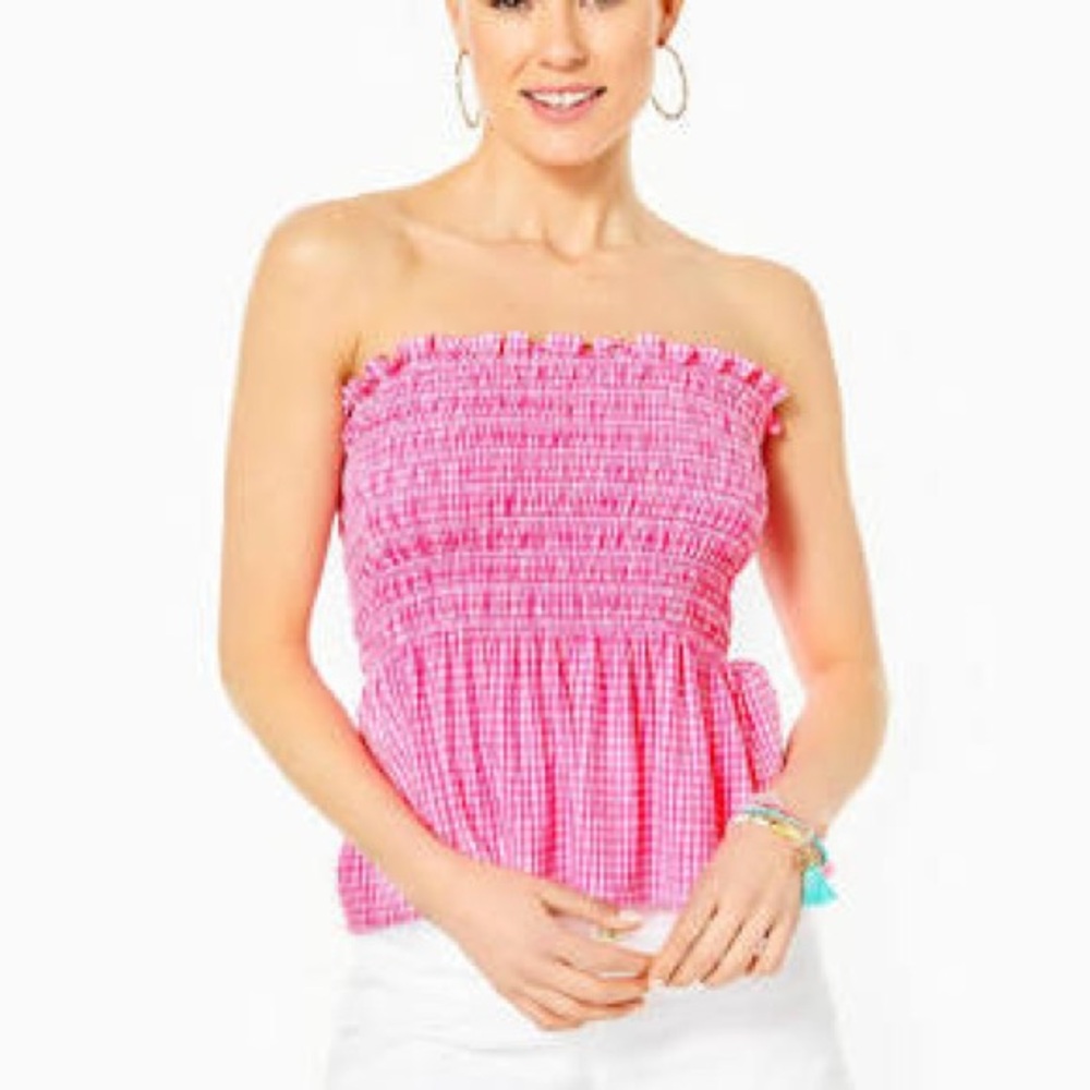 Pink Gingham Strapless Top